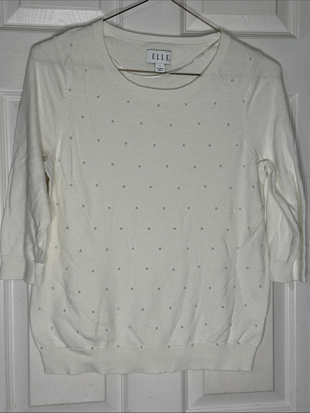 Elle White Crewneck Sweater with Rhinestone Dots